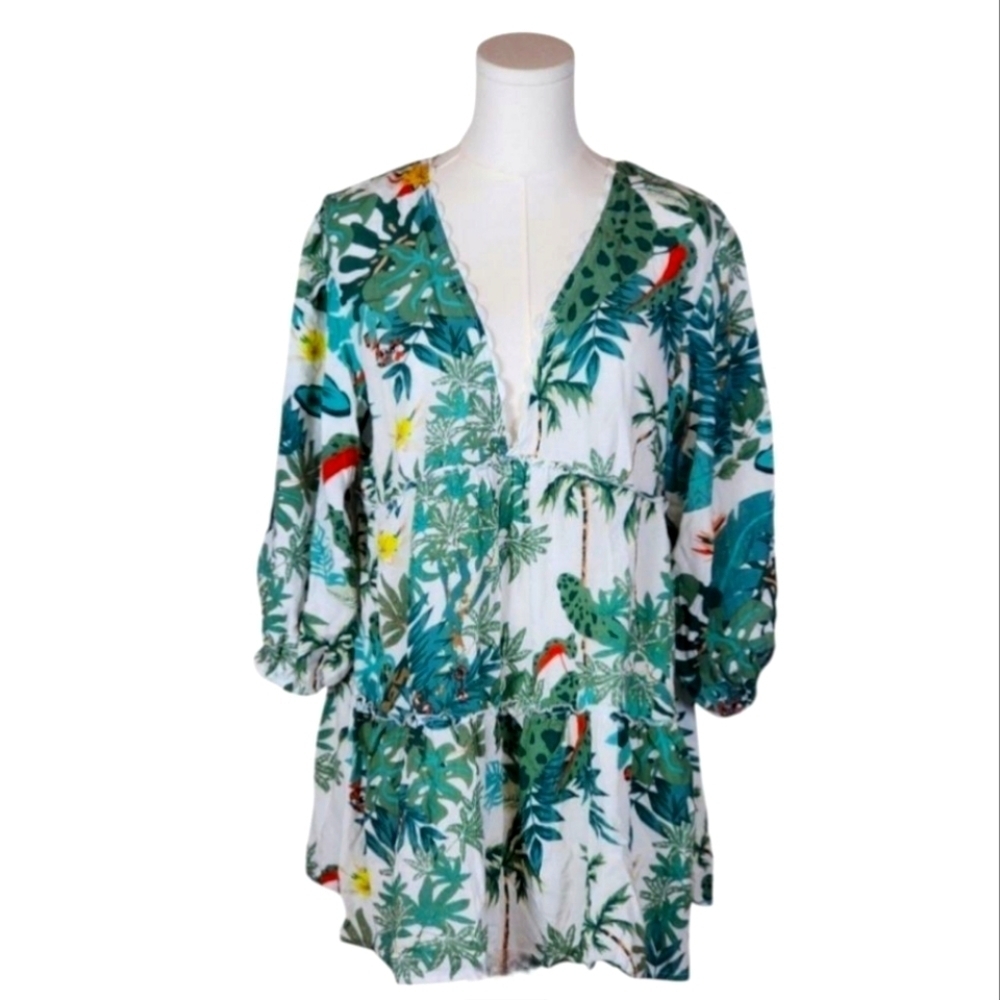Blue Island Tropical Parrot Print Rayon Tunic Dress Boho Cover-Up M